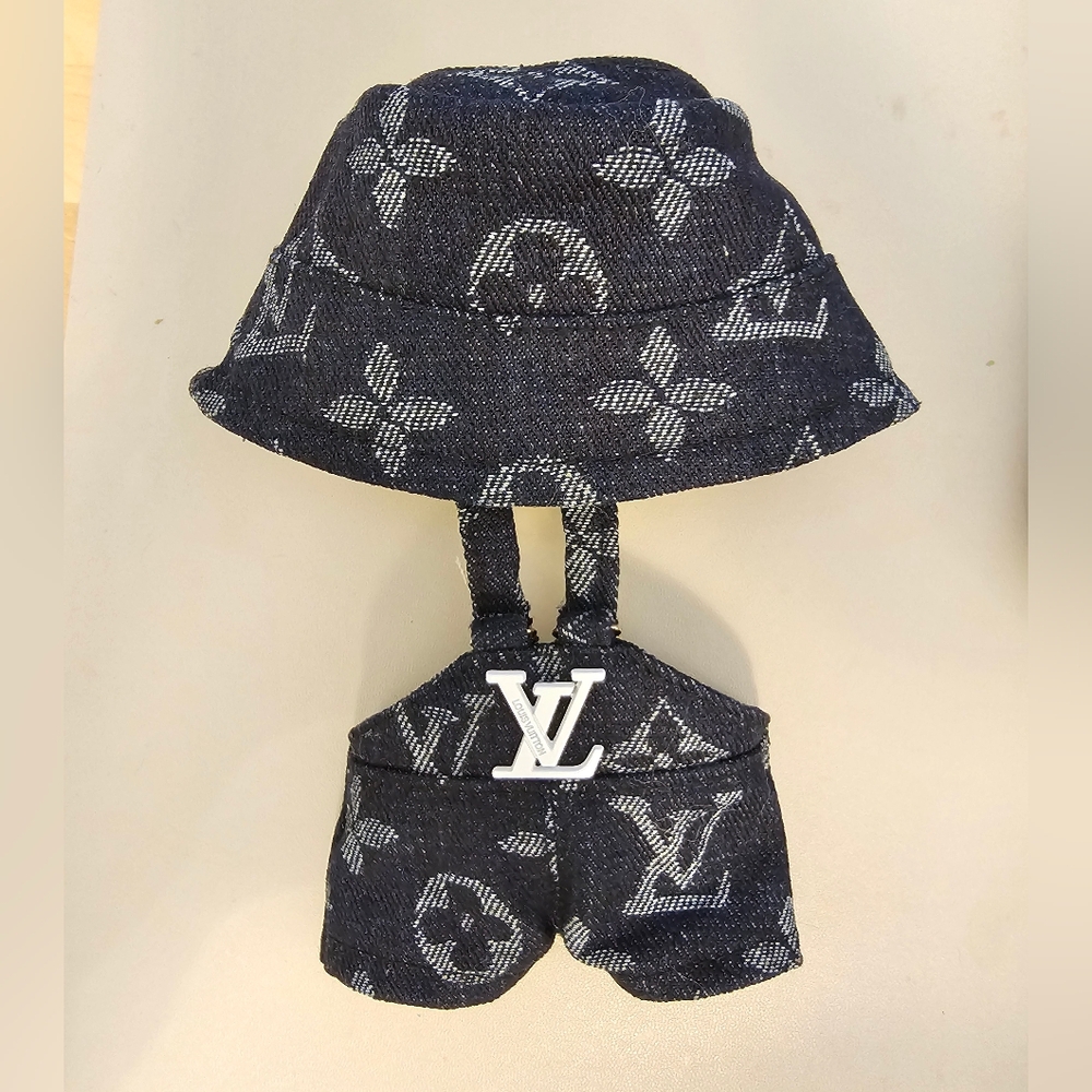 Fashion Labubu Louis Vuitton Dark Blue Monogram Bucket Hat and Overalls